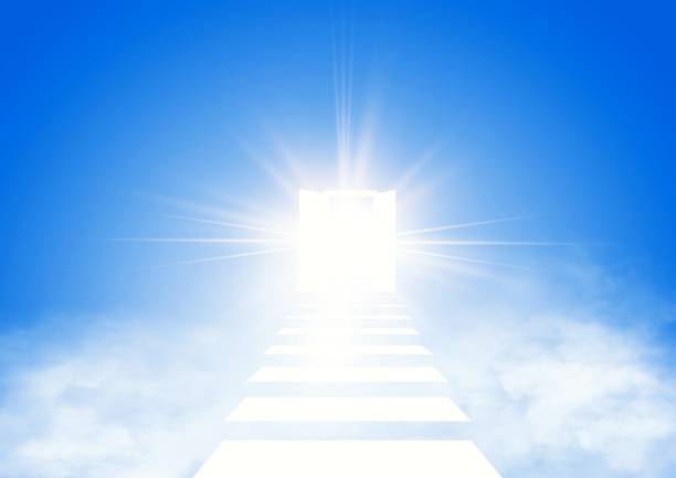 istock Abstract white stairs and doors floating in the sky 1207694804