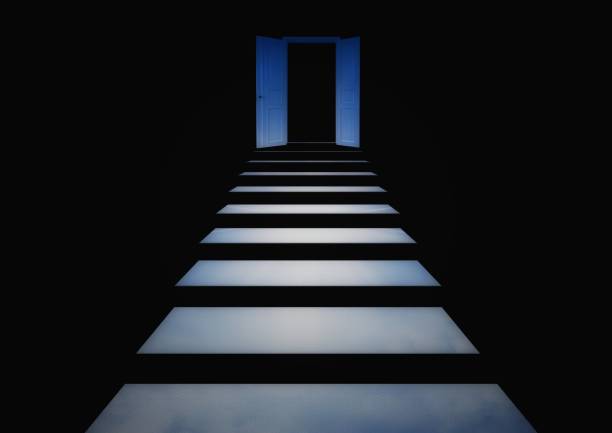 istock Abstract white stairs and doors floating in the sky 1207694811