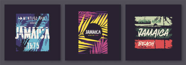 ilustrações de stock, clip art, desenhos animados e ícones de collection of three vector graphic t-shirt designs on the theme of jamaica vacation - letter t tree typescript alphabet
