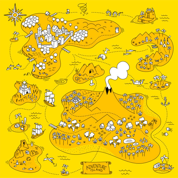 Adventure island map. Board game. Fantasy area game. Pirates, sea monsters, mountains and medieval city. Cartoon vector yellow white and black line. Adventure island map. Board game. Fantasy area game. Pirates, sea monsters, mountains and medieval city. Cartoon hand drawn vector yellow white and black line. island illustrations stock illustrations
