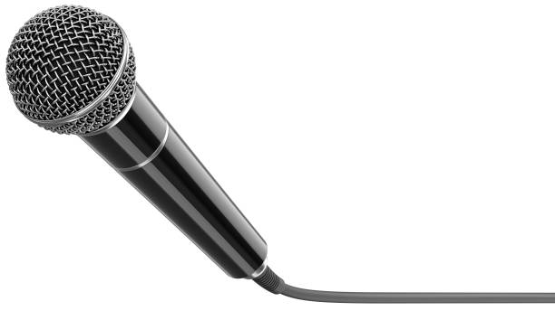 istock Wired microphone as a concept for karaoke, radio broadcasting and sound recording. 3D rendering illustration of a black mic with cable isolated on a white background. 1207698892