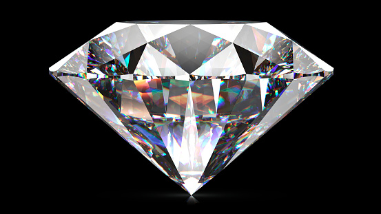 Sparkling light round brilliant cut diamond with shadow. 3D rendering illustration isolated on black background.