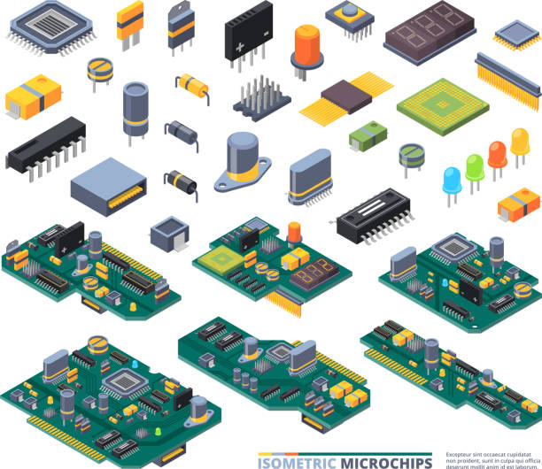 płyty elektryczne izometryczne. elementy sprzętowe procesory informatyczne diody zasilania półprzewodniki i mały zestaw urządzeń wektorowych chip - semiconductor industry stock illustrations