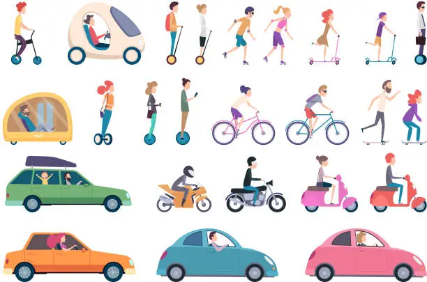 Vector illustration of City transport. People driving cars scooter bike hoverboard segway urban activity people lifestyle vector set