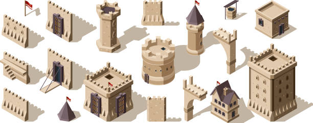 城の等角測定。中世の建物は、低いポリゲーム資産古いフォートベクトルセットのためのレンガの壁 - military fort点のイラスト素材／クリップアート素材／マンガ素材／アイコン素材
