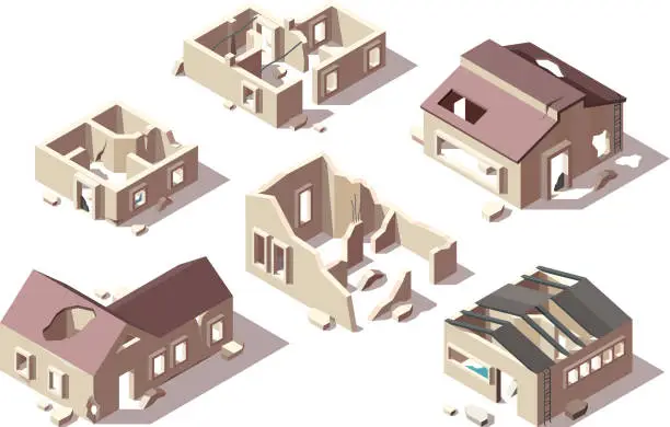 Vector illustration of Abandoned buildings. Isometric broken houses city ruined objects vector architectural objects set