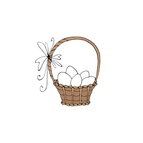 ilustraciones, imágenes clip art, dibujos animados e iconos de stock de feliz pascua. cesta de color simple con huevos y flores de tulipán. elemento de diseño para primavera, vacaciones, pegatina, iconos, tarjeta de felicitación - picnic basket christianity holiday easter