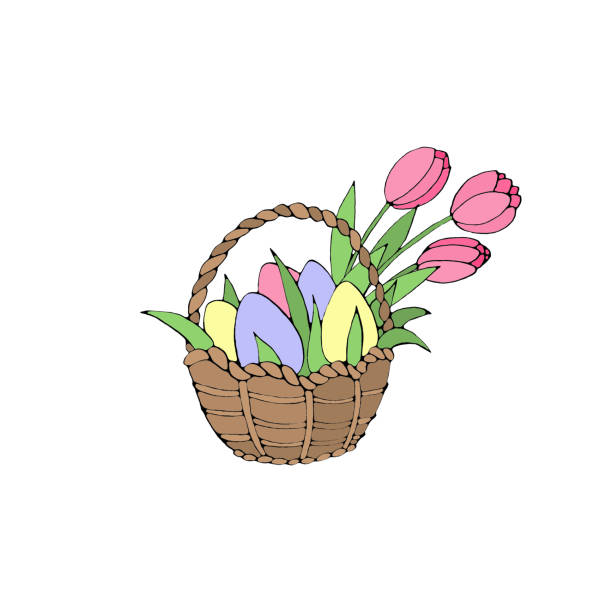 ilustrações, clipart, desenhos animados e ícones de feliz páscoa. cesta de cores simples com ovos e flores de tulipa. elemento de design para primavera, férias, adesivo, ícones, cartão de saudação - picnic basket christianity holiday easter