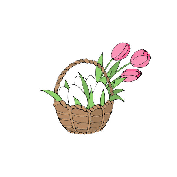 ilustrações, clipart, desenhos animados e ícones de feliz páscoa. cesta de cores simples com ovos e flores de tulipa. elemento de design para primavera, férias, adesivo, ícones, cartão de saudação - picnic basket christianity holiday easter