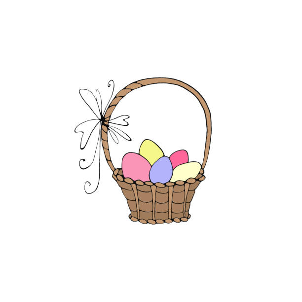 ilustraciones, imágenes clip art, dibujos animados e iconos de stock de feliz pascua. cesta de color simple con huevos y flores de tulipán. elemento de diseño para primavera, vacaciones, pegatina, iconos, tarjeta de felicitación - picnic basket christianity holiday easter