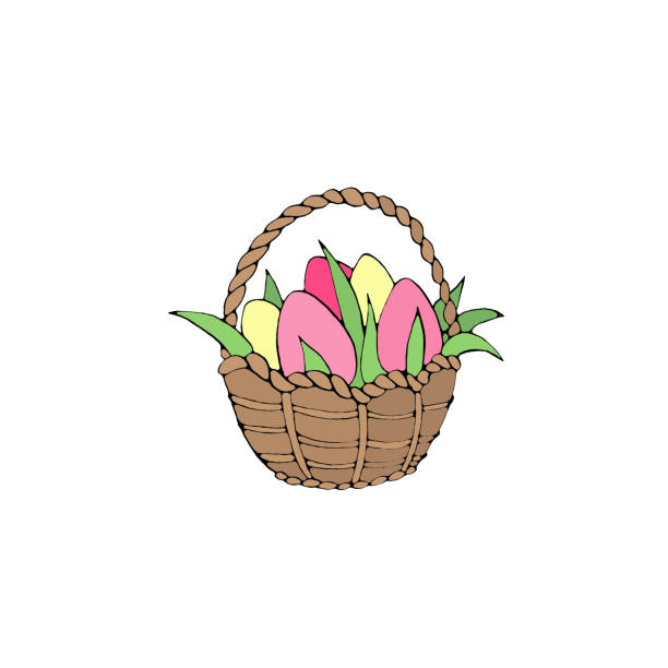 ilustraciones, imágenes clip art, dibujos animados e iconos de stock de feliz pascua. cesta de color simple con huevos y flores de tulipán. elemento de diseño para primavera, vacaciones, pegatina, iconos, tarjeta de felicitación - picnic basket christianity holiday easter