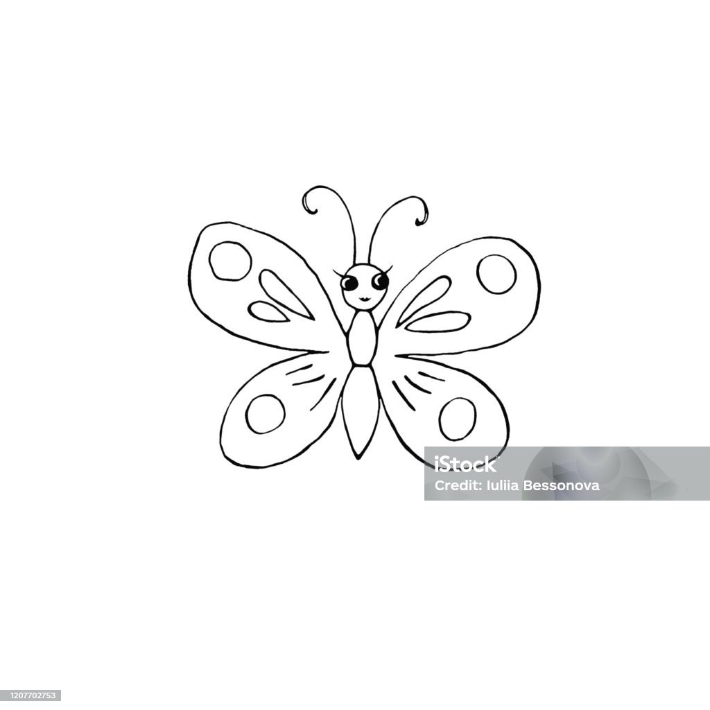 Contour Cute Butterfly With Eyes Hand Drawn In Cartoon Style ...