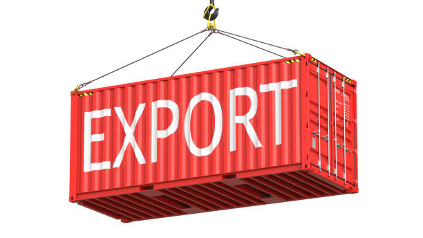 istock Red twenty feet cargo container hanging on a crane hook with the word export on the side. 3d rendering Illustration of a shipping contaner Isolated on white background 1207703748