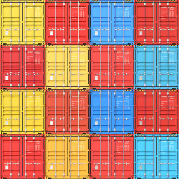 stapel von frachtcontainern an den docks von cargo frachtschiff als konzept der import, export und logistik. 3d rendering illustration nahtlose textur hintergrund - container stack stock-fotos und bilder