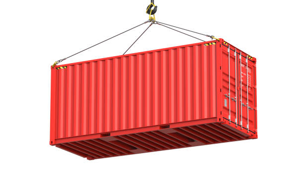 istock Red twenty feet cargo container hanging on a crane hook Isolated on white background. 3d rendering Illustration of a shipping contaner as a concept of import and export or moving 1207703868