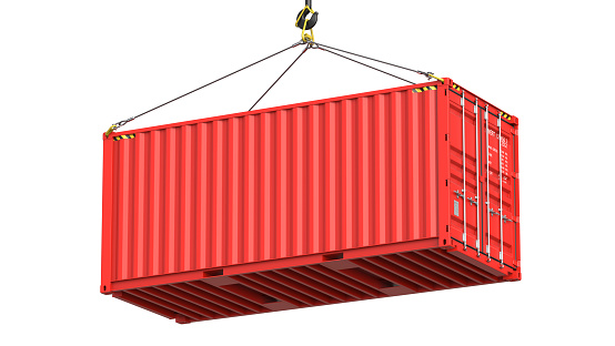 Red twenty feet cargo container hanging on a crane hook Isolated on white background. 3d rendering Illustration of a shipping contaner as a concept of import and export or moving