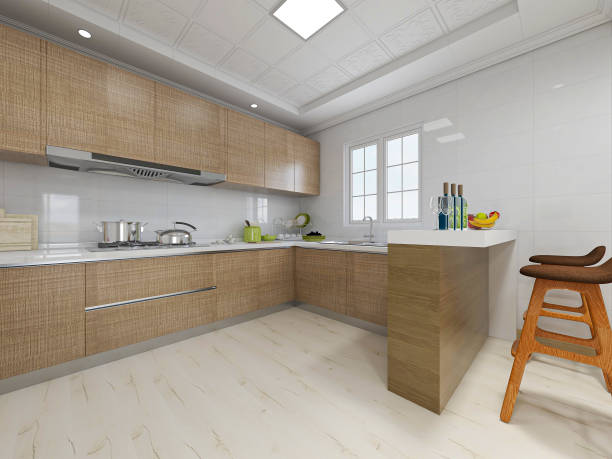 istock Clean and tidy kitchen with bar, refrigerator, stove, etc. 1207704363