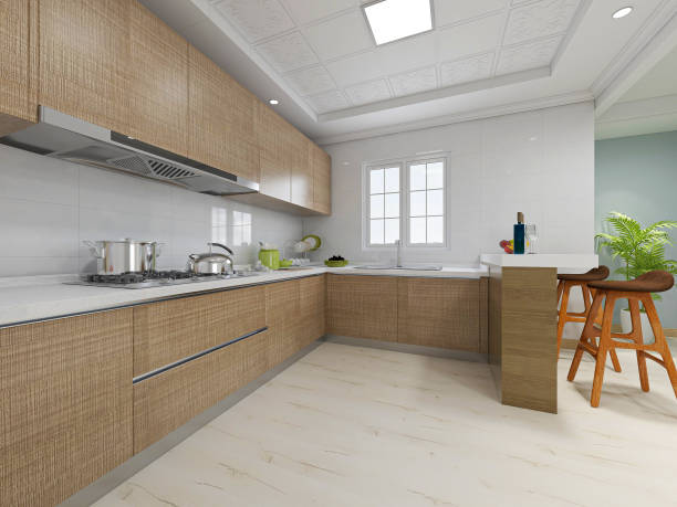 istock Clean and tidy kitchen with bar, refrigerator, stove, etc. 1207704369
