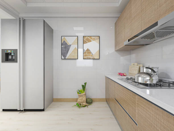 istock Clean and tidy kitchen with bar, refrigerator, stove, etc. 1207704383