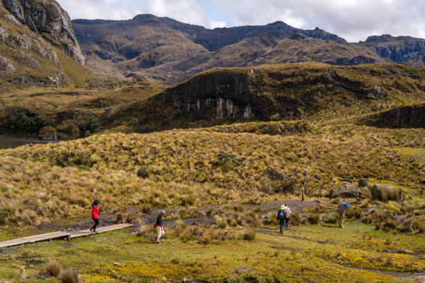 Distant people hiking the landscape of National park Las Cajas Mountains in Ecuador close to Cuenca city.  There are around 270 lakes on altitude approximately from 3850 m up to 4310 by road,