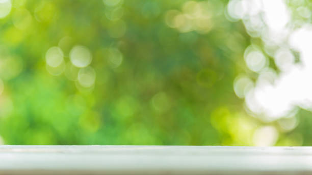 istock Blank white wooden table with green blurred nature background. 1207704513