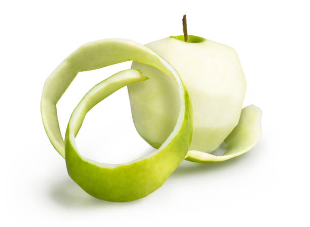 istock Peeled apple with peel on a white background 1207705283
