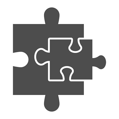 Puzzle additions solid icon. Two jigsaw pieces small and bigger. Social networking and communication vector design concept, glyph style pictogram on white background, use for web and app. Eps 10