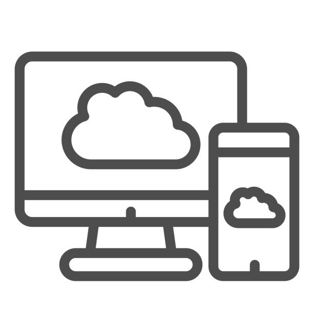 laden sie das geräteliniensymbol hoch. cloud-synchronisierung zwischen computer und smartphone. internet-technologie vektor-design-konzept, umriss stil piktogramm auf weißem hintergrund, verwendung für web und app. eps 10. - symbol computer icon digital display sign stock-grafiken, -clipart, -cartoons und -symbole