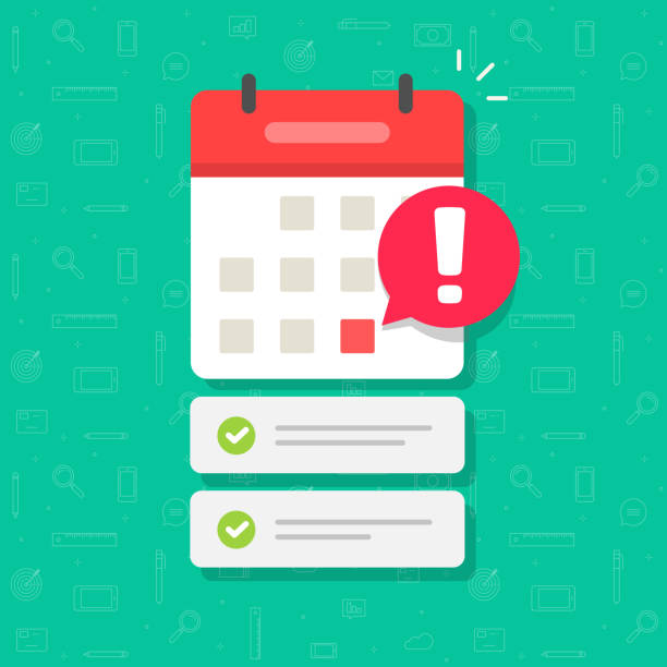 Calendar with important deadline date and task list or event appointment vector flat cartoon illustration, online scheduled agenda modern design isolated image Calendar with important deadline date and task list or event appointment vector flat cartoon illustration, online scheduled agenda modern design isolated flat calendar icon stock illustrations