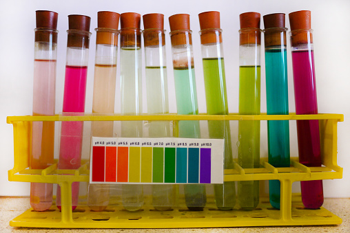 pH scale in test tubes. School science experiment showing the range of the PH scale with diagram. Educational science test.