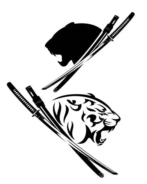 Vector illustration of samurai katana sword and tiger spirit animal black and white vector design set