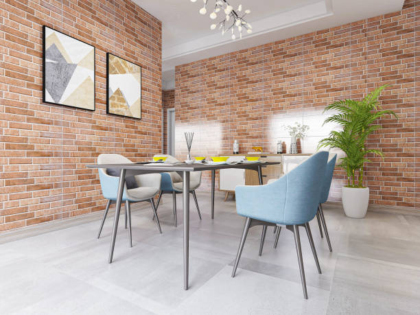 istock 3D rendering, the spacious dining room beside the modern kitchen, with red brick walls and green plants, is particularly beautiful. 1207713848