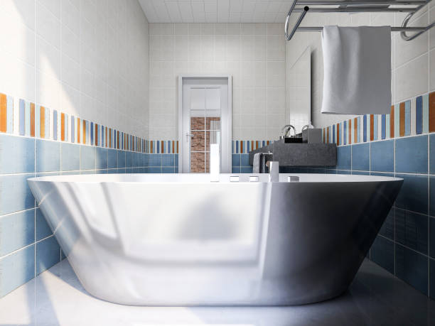 istock Clean and bright sky blue toilet with bathtub 1207713856