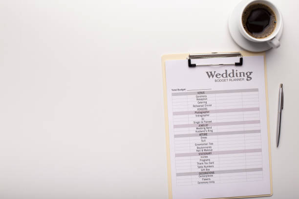 istock Wedding budget planner and cup of coffee on white 1207713858