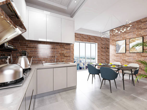 istock 3D rendering, modern family kitchen design, new white cabinets and kitchenware in the spacious red brick wall room, beside the green plants. 1207713862