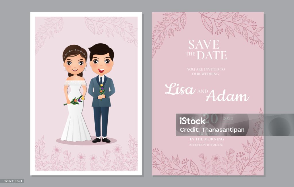 Wedding Invitation Card The Bride And Groom Cute Couple Cartoon Character  Colorful Vector Illustration For Event Celebration Stock Illustration -  Download Image Now - iStock