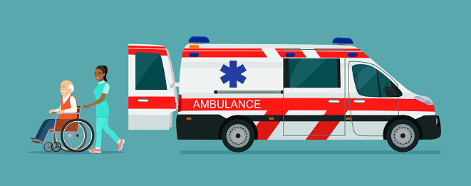 Ambulance van, side view. Nurse strolling with elder grey haired man in wheelchair. Vector flat style illustration.