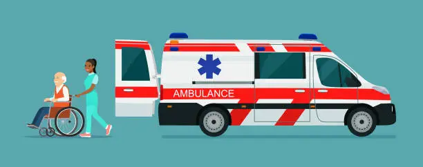 Vector illustration of Ambulance van, side view. Nurse strolling with elder grey haired man in wheelchair. Vector flat style illustration.