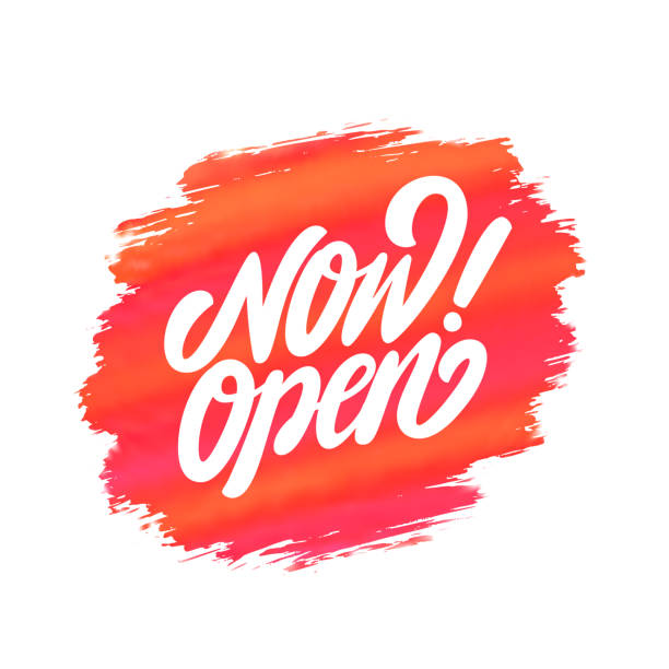 ilustrações de stock, clip art, desenhos animados e ícones de now open sign. vector lettering. - open sign