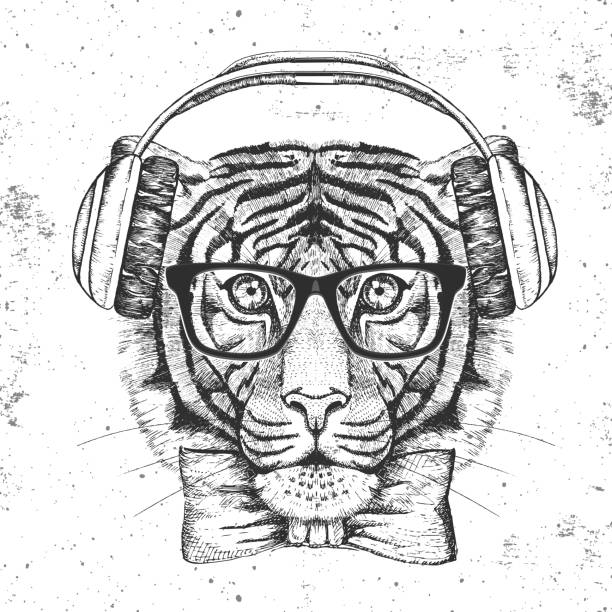 illustrations, cliparts, dessins animés et icônes de tigre animal de hipster avec des écouteurs. muzzle de dessin de main du tigre - undomesticated cat audio