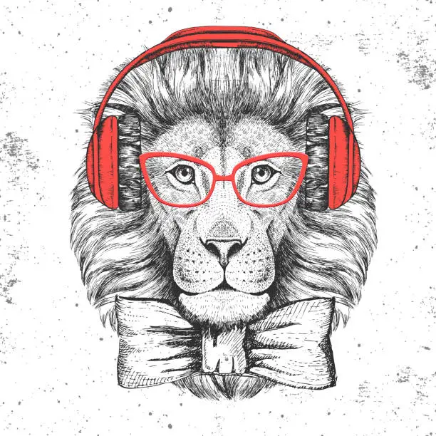 Vector illustration of Hipster animal lion with headphones. Hand drawing Muzzle of lion