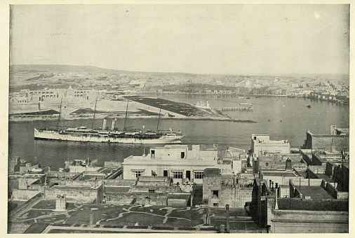 Vintage photograph of P and O steamship Victoria, hired troop transport, leaving Malta Harbour, 19th Century.