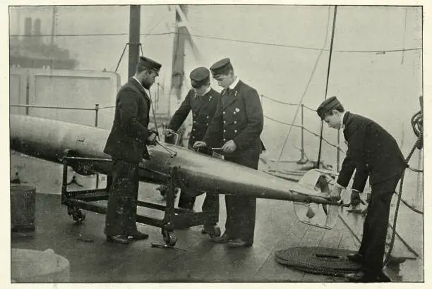 Vintage photograph of Torpedo instruction on HMS Theseus, Royal navy warship, 19th Century