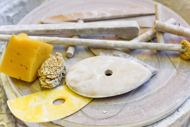 Pottery and ceramics tools for making art and sculpture in a workshop