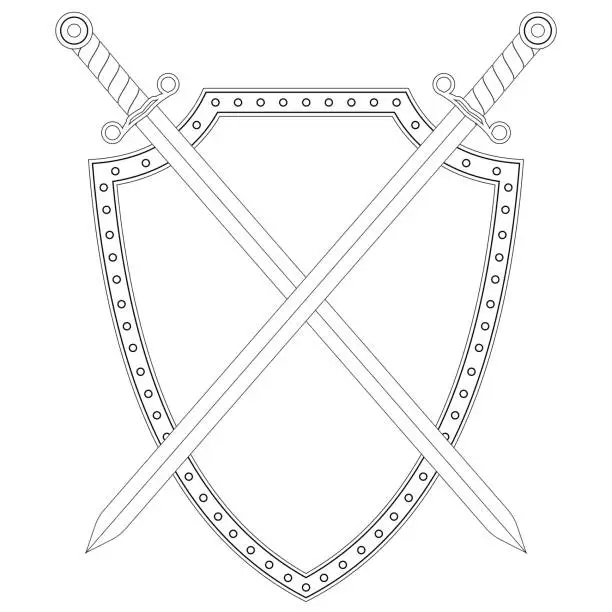 Vector illustration of Shield with swords. Outline icon