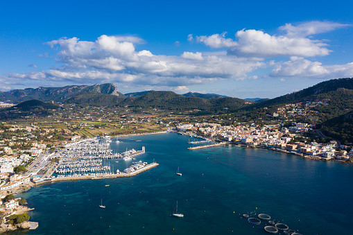 Aerial: The port of Andratx in Mallorca, Spain