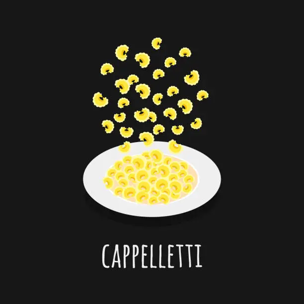 Vector illustration of Template card with flat style icon of cappelletti in broth.
