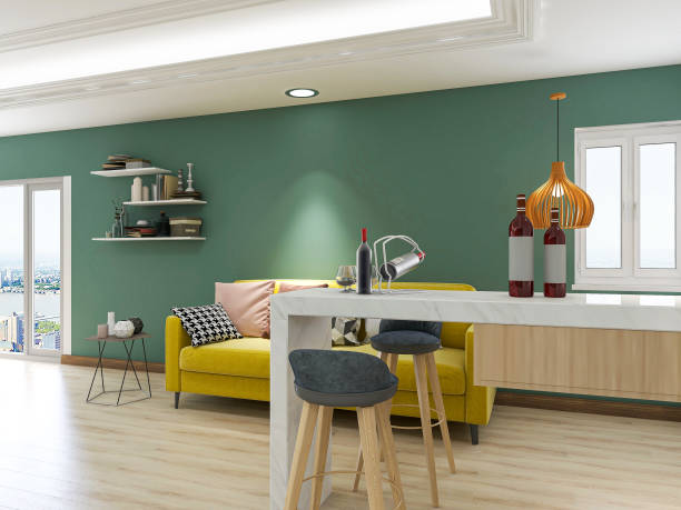 istock 3D rendering, simple modern living room sofa with coffee table, with green plants on the table. 1207721848