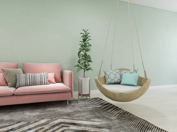 istock 3D rendering, simple modern living room sofa with coffee table, with green plants on the table. 1207721869