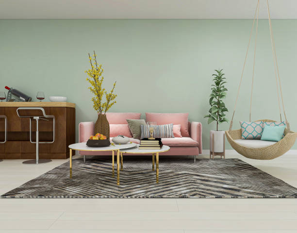 istock 3D rendering, simple modern living room sofa with coffee table, with green plants on the table. 1207721870